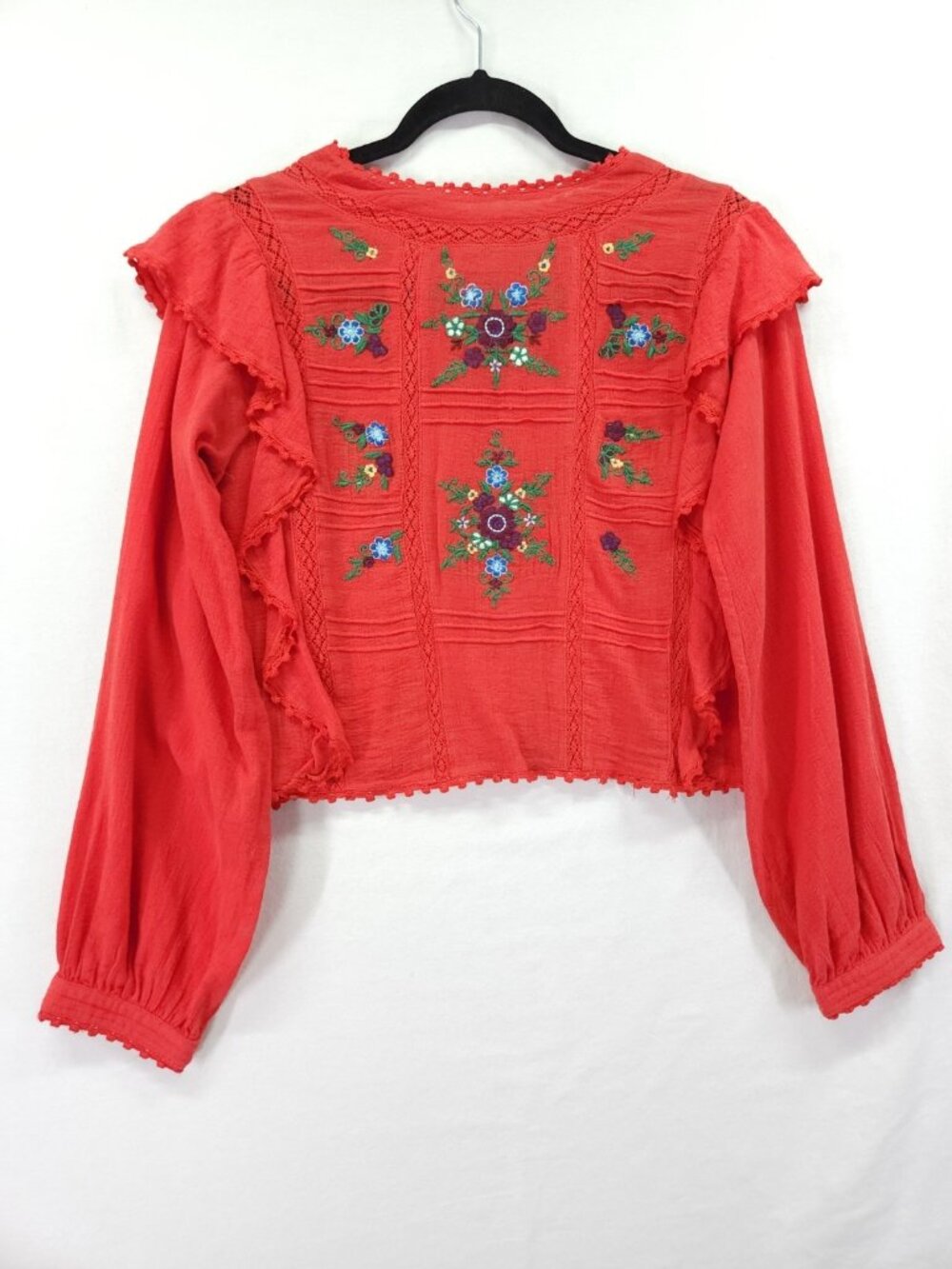 Free People Womens XS Floral Embroidered Ruffle Crop Boho Blouse